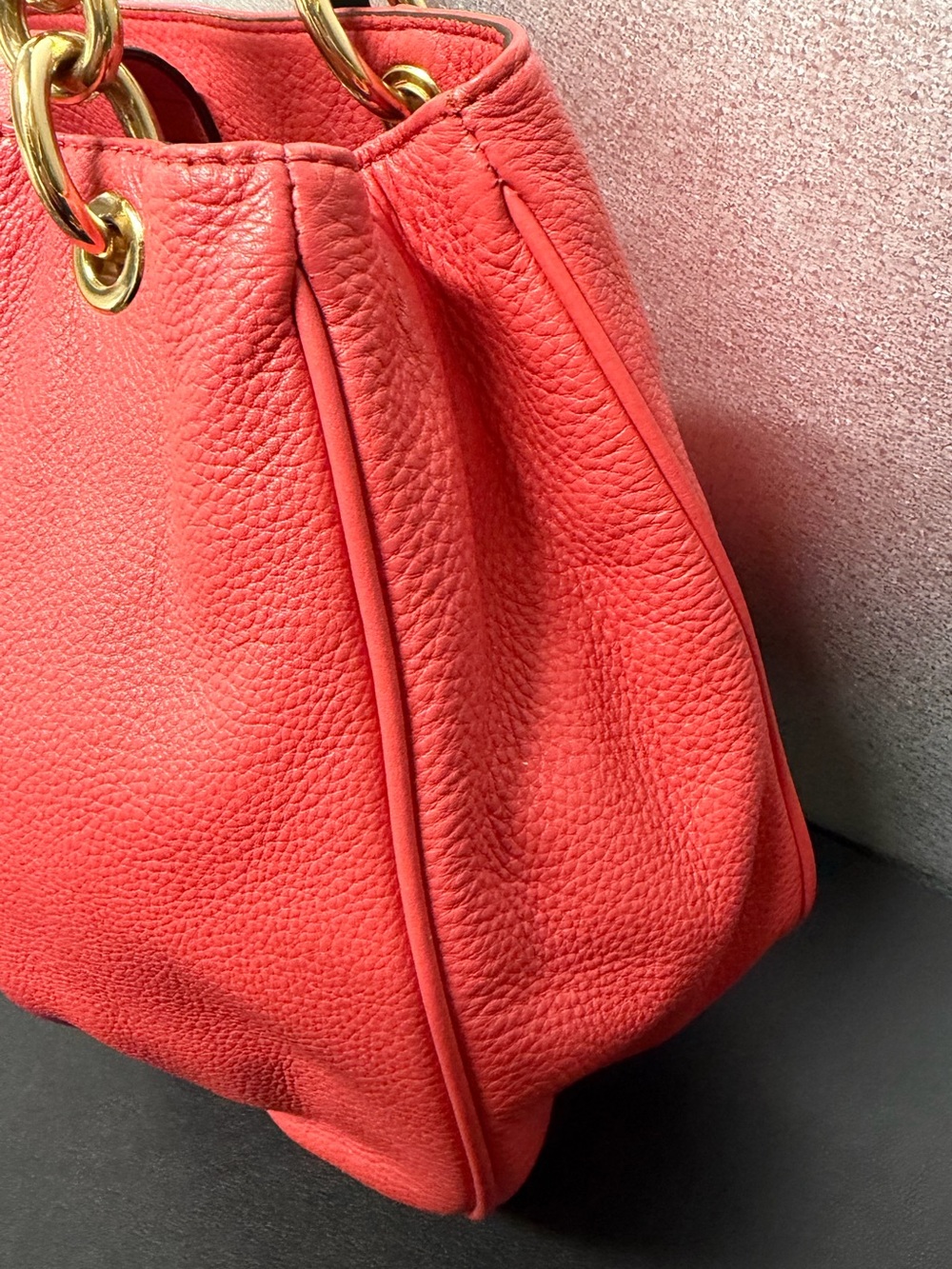 Michael Kors Salmon Pink Leather Chain Tote MK Logo Bag - Picture 3 of 10